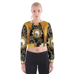 Steampunk Golden Design With Clocks And Gears Women s Cropped Sweatshirt by FantasyWorld7