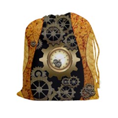 Steampunk Golden Design With Clocks And Gears Drawstring Pouches (xxl) by FantasyWorld7