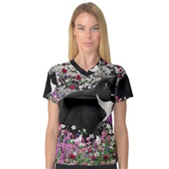 Freckles In Flowers Ii, Black White Tux Cat Women s V-Neck Sport Mesh Tee