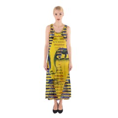 Conundrum II, Abstract Golden & Sapphire Goddess Sleeveless Maxi Dress