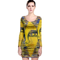 Conundrum II, Abstract Golden & Sapphire Goddess Long Sleeve Bodycon Dress