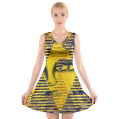 Conundrum II, Abstract Golden & Sapphire Goddess V-Neck Sleeveless Skater Dress