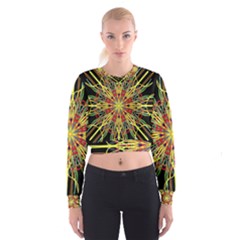 Kaleidoscope Flower Mandala Art Black Yellow Orange Red Women s Cropped Sweatshirt by yoursparklingshop