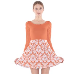 Nectarine Orange Damask Pattern Long Sleeve Velvet Skater Dress by Zandiepants