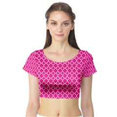 Hot Pink Quatrefoil Pattern Short Sleeve Crop Top (tight Fit)