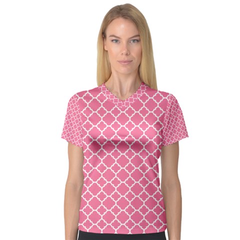 Soft Pink Quatrefoil Pattern Women s V-neck Sport Mesh Tee by Zandiepants