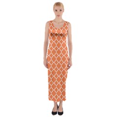 Tangerine Orange Quatrefoil Pattern Fitted Maxi Dress by Zandiepants