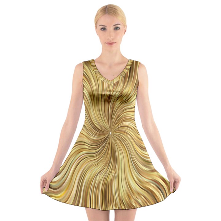 Chic Festive Elegant Gold Stripes V-Neck Sleeveless Skater Dress