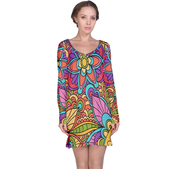 Festive Colorful Ornamental Background Long Sleeve Nightdress