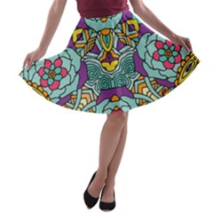 Mariager   Bold Blue,purple And Yellow Flower Design   A-line Skater Skirt by Zandiepants