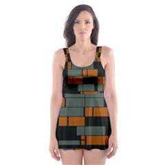 Rectangles In Retro Colors                              Skater Dress Swimsuit by LalyLauraFLM