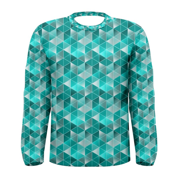 Aquamarine Geometric Triangles Pattern Men s Long Sleeve Tee