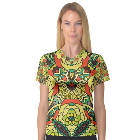 Petals   Retro Yellow   Bold Flower Design Women s V-neck Sport Mesh Tee by Zandiepants