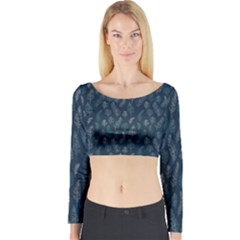 Whimsical Feather Pattern, Midnight Blue, Long Sleeve Crop Top by Zandiepants
