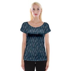 Whimsical Feather Pattern, Midnight Blue, Women s Cap Sleeve Top by Zandiepants
