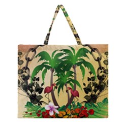 Tropical Design With Flamingo And Palm Tree Zipper Large Tote Bag by FantasyWorld7