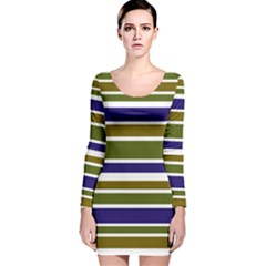 Olive Green Blue Stripes Pattern Long Sleeve Velvet Bodycon Dress by BrightVibesDesign