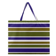 Olive Green Blue Stripes Pattern Zipper Large Tote Bag by BrightVibesDesign