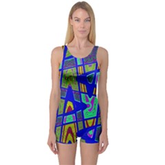 Bright Blue Mod Pop Art  One Piece Boyleg Swimsuit by BrightVibesDesign