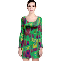 Bright Green Mod Pop Art Long Sleeve Velvet Bodycon Dress by BrightVibesDesign