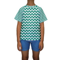 Emerald Green & White Zigzag Pattern Kid s Short Sleeve Swimwear by Zandiepants