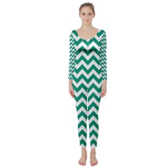 Emerald Green & White Zigzag Pattern Long Sleeve Catsuit by Zandiepants