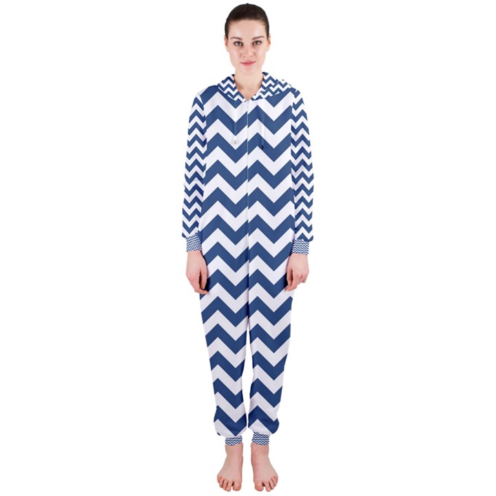 Navy Blue & White Zigzag Pattern Hooded Jumpsuit (Ladies) 