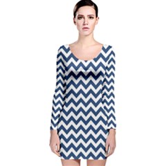 Navy Blue & White Zigzag Pattern Long Sleeve Velvet Bodycon Dress