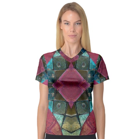 Pink Turquoise Stone Abstract Women s V-neck Sport Mesh Tee by BrightVibesDesign