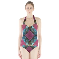 Pink Turquoise Stone Abstract Women s Halter One Piece Swimsuit by BrightVibesDesign