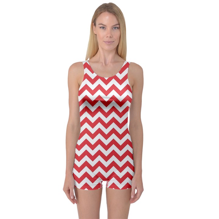 Poppy Red & White Zigzag Pattern One Piece Boyleg Swimsuit