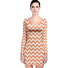 Tangerine Orange & White Zigzag Pattern Long Sleeve Velvet Bodycon Dress