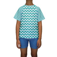 Turquoise & White Zigzag Pattern Kid s Short Sleeve Swimwear