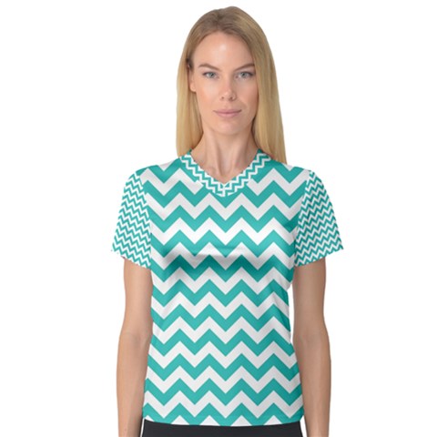 Turquoise & White Zigzag Pattern Women s V-neck Sport Mesh Tee by Zandiepants