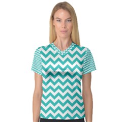 Turquoise & White Zigzag Pattern Women s V-neck Sport Mesh Tee