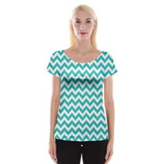 Turquoise & White Zigzag Pattern Women s Cap Sleeve Top