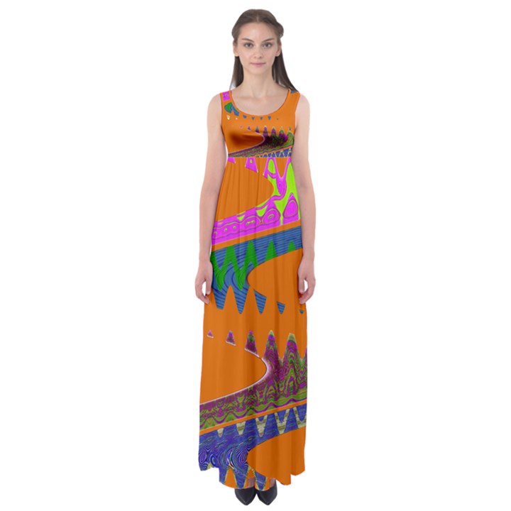 Colorful Wave Orange Abstract Empire Waist Maxi Dress