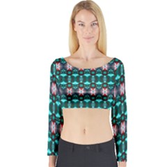 Fancy Teal Red Pattern Long Sleeve Crop Top by BrightVibesDesign