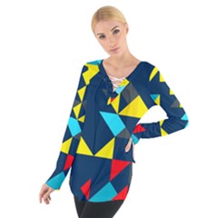 Colorful Shapes On A Blue Background                                         Women s Tie Up Tee by LalyLauraFLM