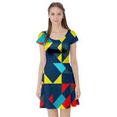 Colorful Shapes On A Blue Background                                        Short Sleeve Skater Dress by LalyLauraFLM