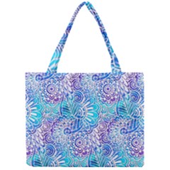 Boho Flower Doodle On Blue Watercolor Mini Tote Bag by KirstenStar