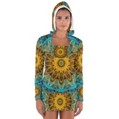 Blue Yellow Ocean Star Flower Mandala Women s Long Sleeve Hooded T-shirt by Zandiepants