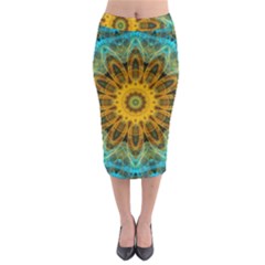 Blue Yellow Ocean Star Flower Mandala Midi Pencil Skirt by Zandiepants