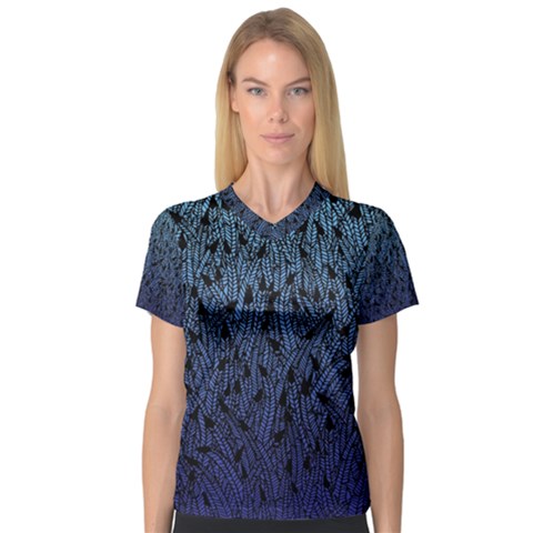 Blue Ombre Feather Pattern, Black,  Women s V-neck Sport Mesh Tee by Zandiepants