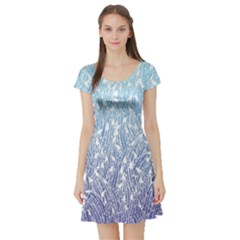 Blue Ombre Feather Pattern, White,  Short Sleeve Skater Dress