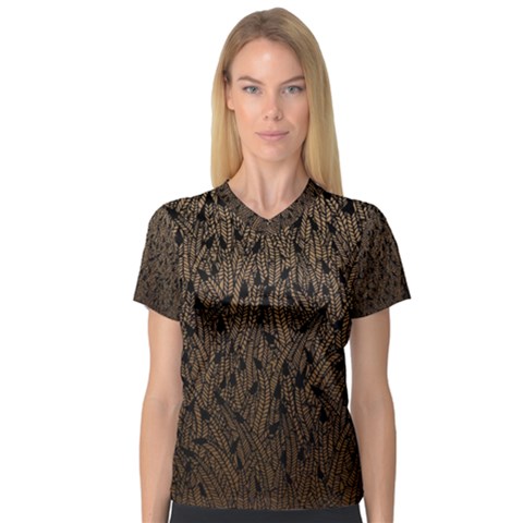 Brown Ombre Feather Pattern, Black,  Women s V-neck Sport Mesh Tee by Zandiepants