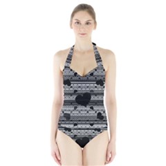 Black And Gray Abstract Hearts Women s Halter One Piece Swimsuit by TRENDYcouture