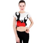 Black And Red Flaming Heart Crew Neck Crop Top