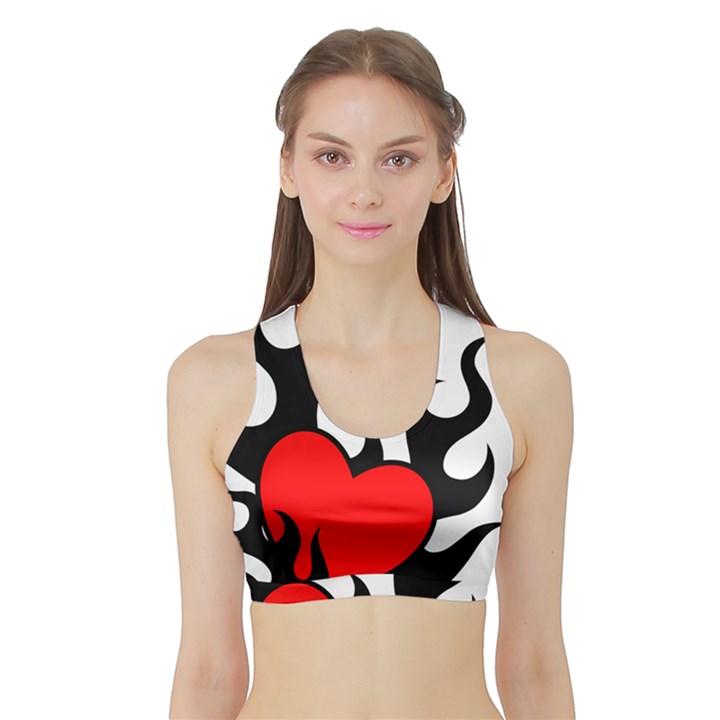 Black And Red Flaming Heart Women s Sports Bra with Border