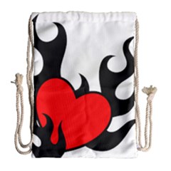 Black And Red Flaming Heart Drawstring Bag (large) by TRENDYcouture